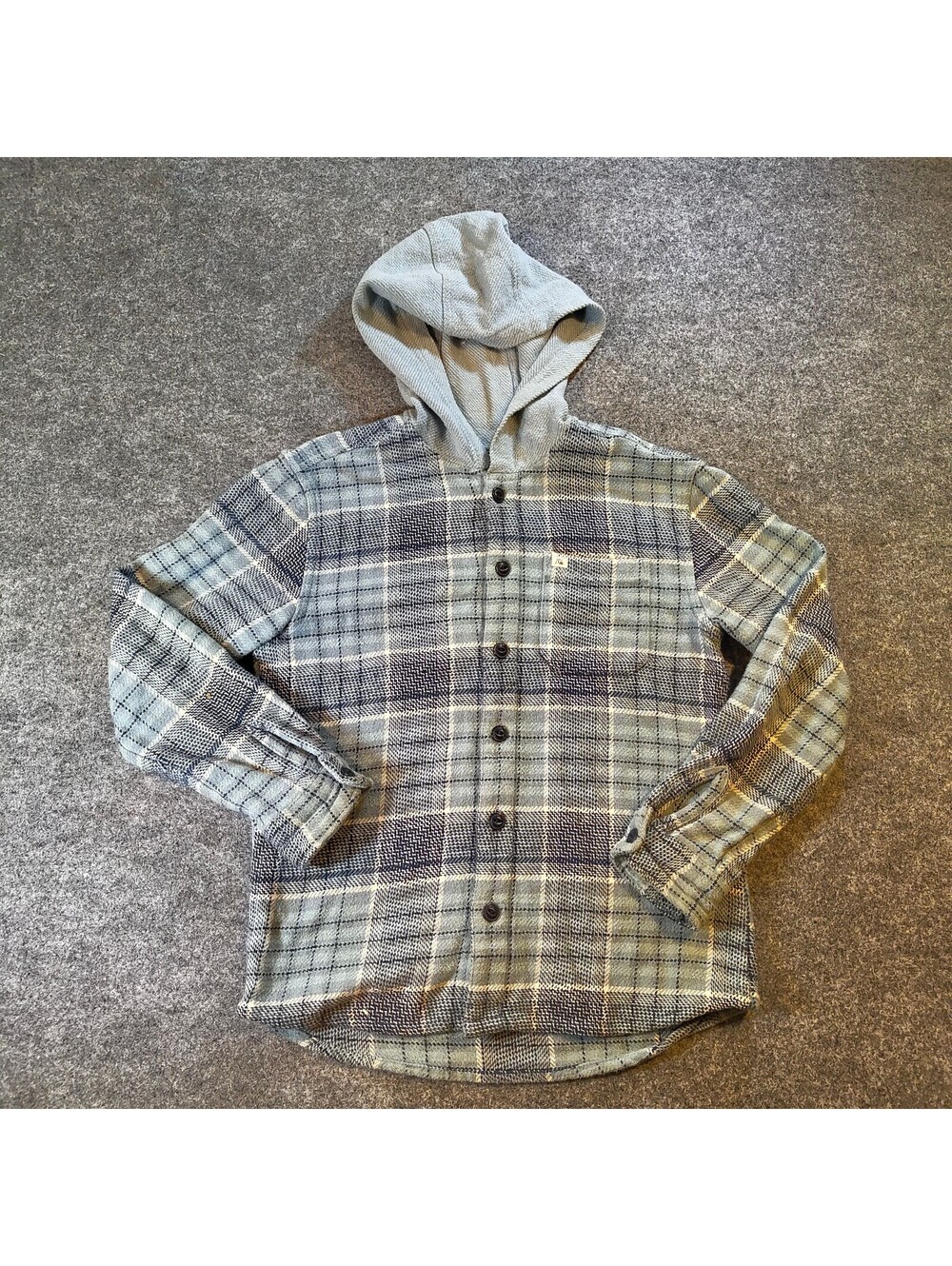 Quiksilver Hooded Plannel Shirt Blue Gray Plaid Button Down Shacket Small